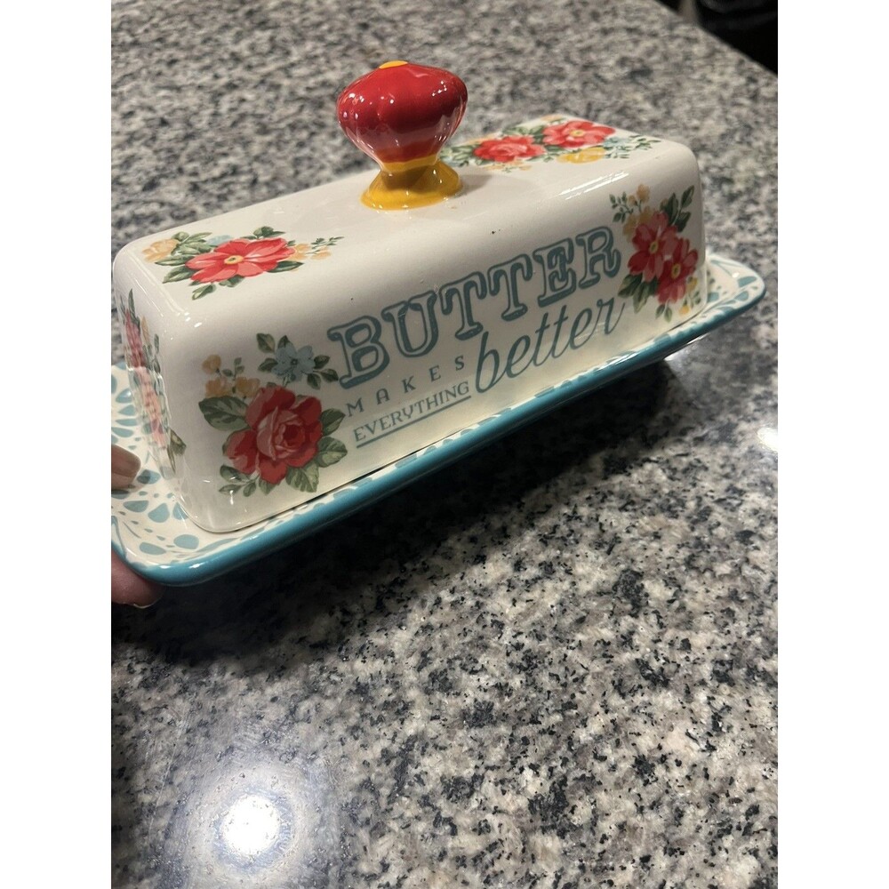 The Pioneer Woman Stoneware Butter Dish 2PC Set Tray & Lid Floral Blue NEW